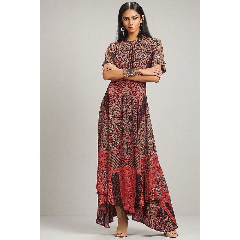 Ritu Kumar Red Print Kaftan Viscose Kasar Dress Size Small / Medium STYLE- 8184